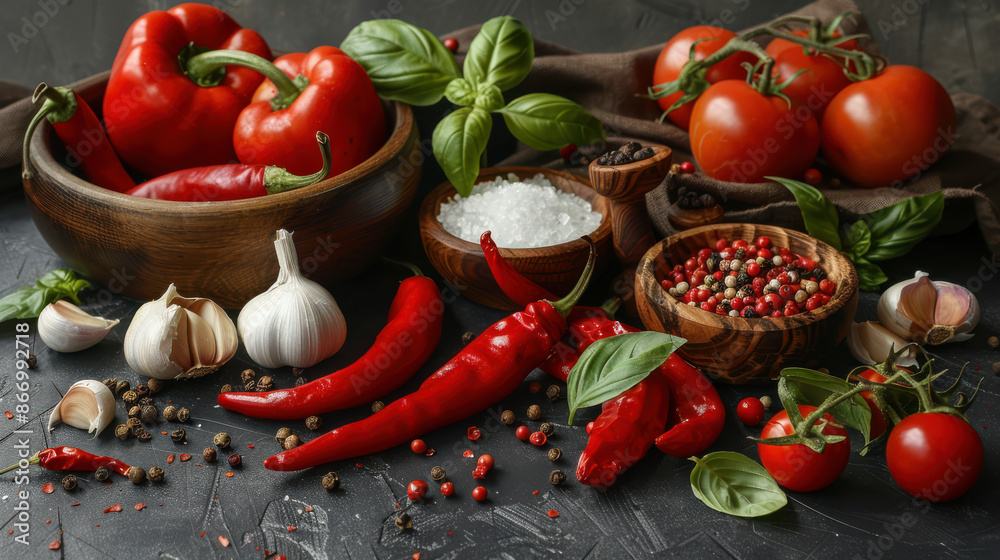 various fresh vegetables and spices on a dark slate background, vibrant red peppers, ripe tomatoes, garlic cloves, basil leaves, sea salt in wooden bowls various fresh vegetables and spices on a dark slate background, vibrant red peppers, ripe tomatoes, garlic cloves, basil leaves, sea salt in wooden bowls