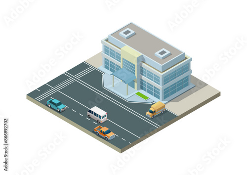 Isometric modern building with highway