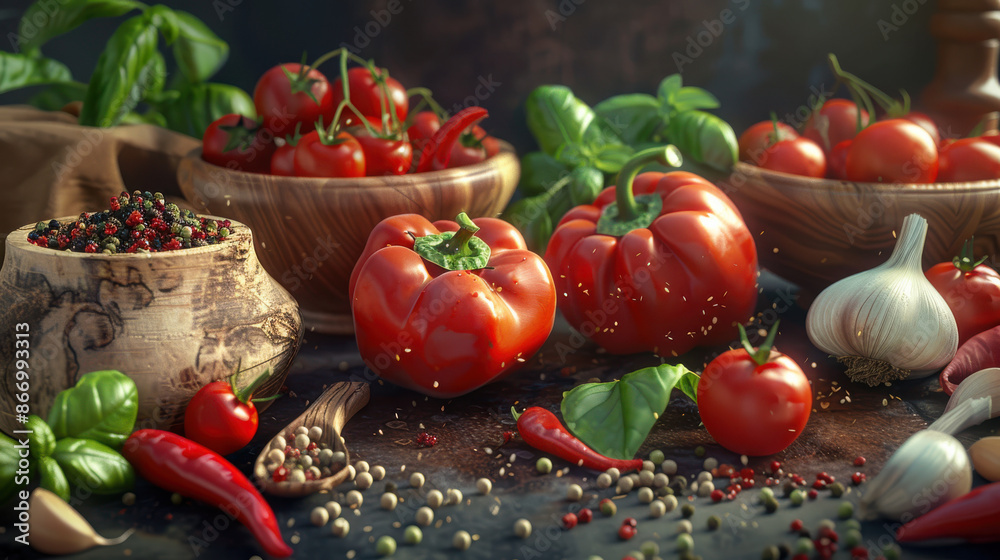 colorful vegetables and spices on a dark textured background, including red peppers, tomatoes, garlic bulbs, basil, and assorted spices in wooden bowls colorful vegetables and spices on a dark textured background, including red peppers, tomatoes, garlic bulbs, basil, and assorted spices in wooden bowls