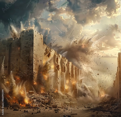 Decaying medieval castle fortifications. Aged Fortress Collapses: A dramatic depiction of the legendary Fall of Jericho's Indestructible Walls in an epic cinematic presentation. Divine intervention.  photo