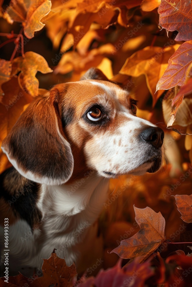Beagle dog running joyfully through a field of autumn leaves
