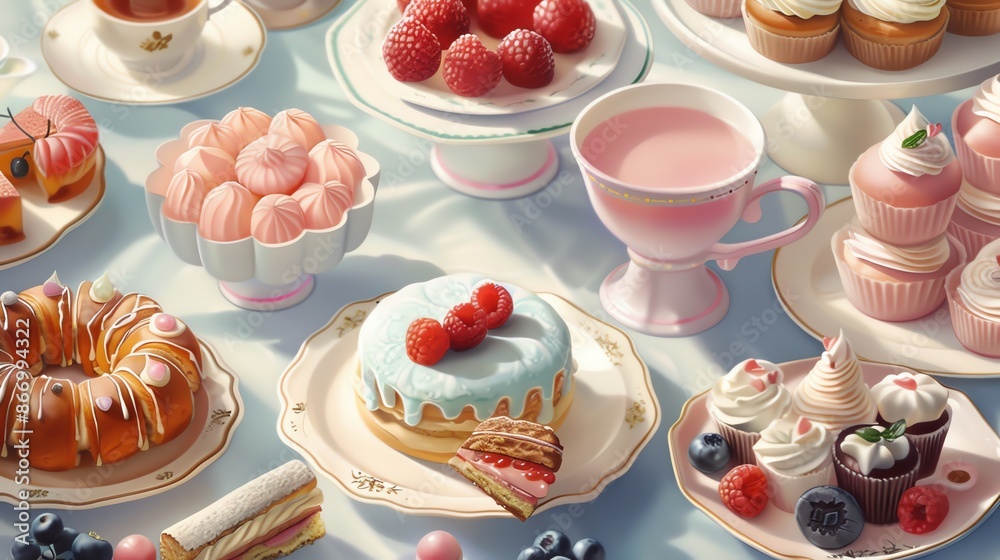 A table setting with assorted pastries, cakes, and teacups, creating a delightful and sweet scene. A table setting with assorted pastries, cakes, and teacups, creating a delightful and sweet scene.