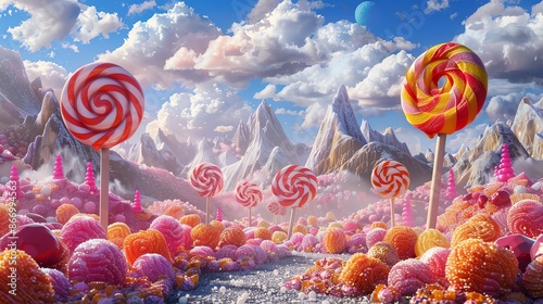 A whimsical candy land with lollipop mountains and sugary hills. photo