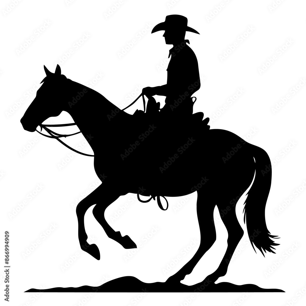 Naklejka premium cowboy rider riding a horse. wild west figure illustration of a guy riding a horse wearing a cowboy hat and lasso. 