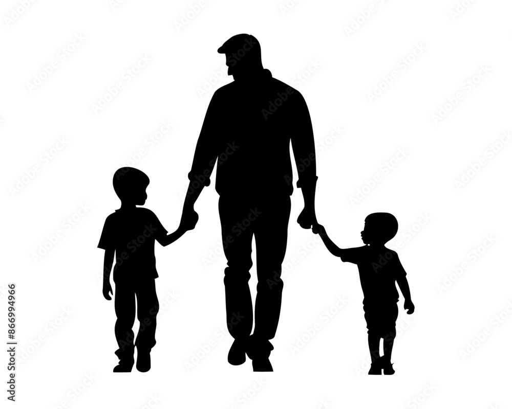 silhouette of a father holding hands with their kids. dad and son walking together. fathers day template design. silhouette of a father holding hands with their kids. dad and son walking together. fathers day template design.