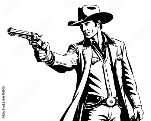 man wearing a cowboy hat and holding a gun. retro wild west bandit shooting illustration silhouette. 