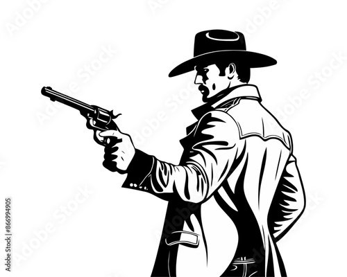 man wearing a cowboy hat and holding a gun. retro wild west bandit shooting illustration silhouette. 
