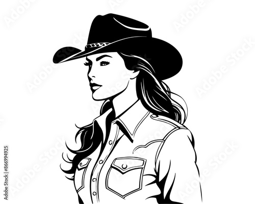Woman with a cowboy hat. beautiful cowgirl portrait illustration silhouette. southern wild west woman. 