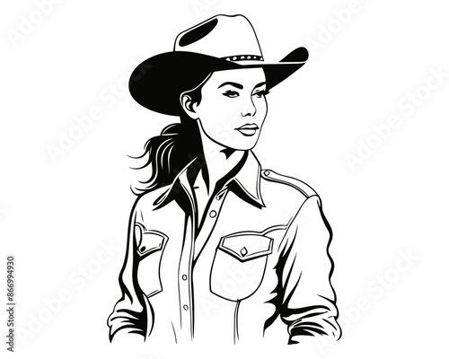 Woman with a cowboy hat. beautiful cowgirl portrait illustration silhouette. southern wild west woman. 