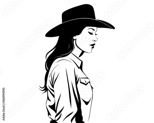 Woman with a cowboy hat. beautiful cowgirl portrait illustration silhouette. southern wild west woman. 