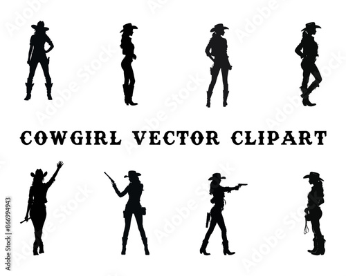 set of silhouettes of a cowgirl wearing a cowboy hat, leather clothing and boots. Beautiful slender women Wild west illustration.