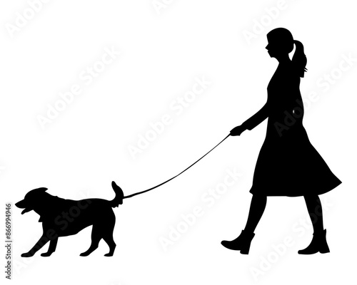 silhouette of a girl walking a dog. woman pet owner. lady with dog on leash illustration.