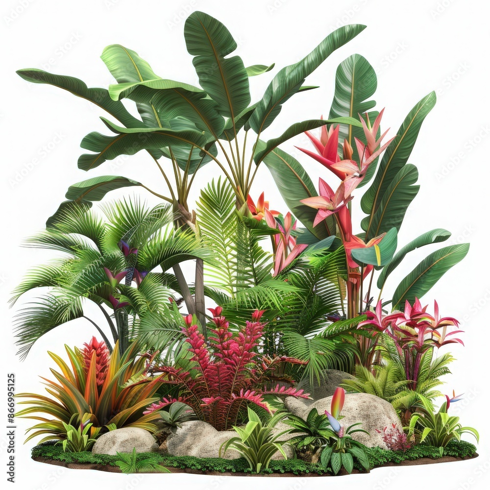 Fototapeta premium Lush tropical plants and vibrant flowers in a picturesque garden setting create a beautiful exotic landscape.
