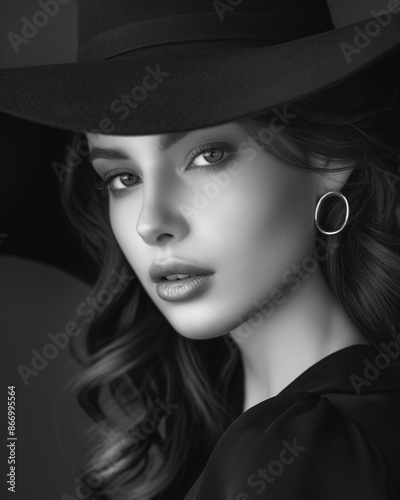 Elegant girl in a hat, black and white photo, luxury style, expensive fabrics and accessories