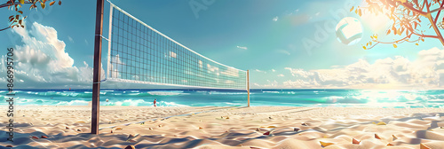 Beach background with beach volleyball net and a game in progress.