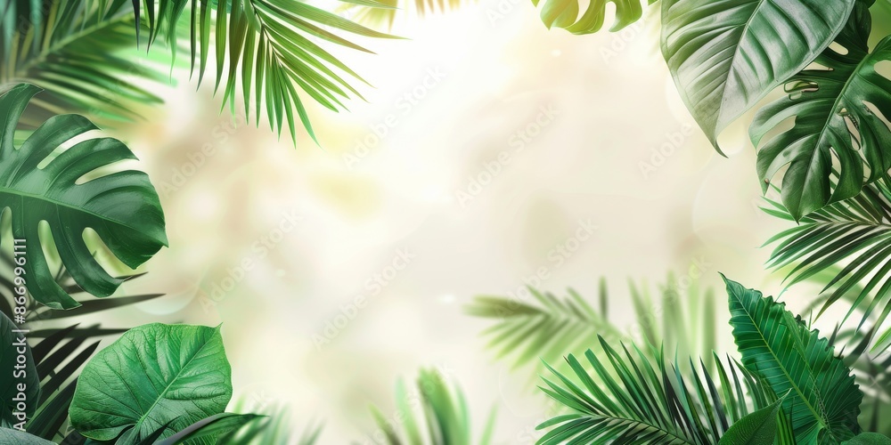 Tropical palm tree and leaves under the sun with a holiday frame of pine and fir branches, celebrating summer and winter seasons in nature Tropical palm tree and leaves under the sun with a holiday frame of pine and fir branches, celebrating summer and winter seasons in nature
