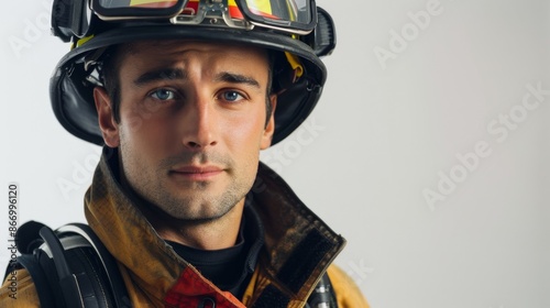 Suave Firefighter - Elegant man in firefighter gear against white background with sharp focus, Studio Lighting Minimalist Composition. Shot with Canon 85mm Lens. © Chiradet
