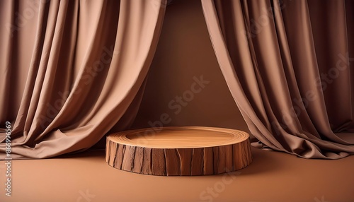 he background is an aesthetic podum theme, you can see a wooden podium for placing products in the middle and there are curtains between them on a brown background photo