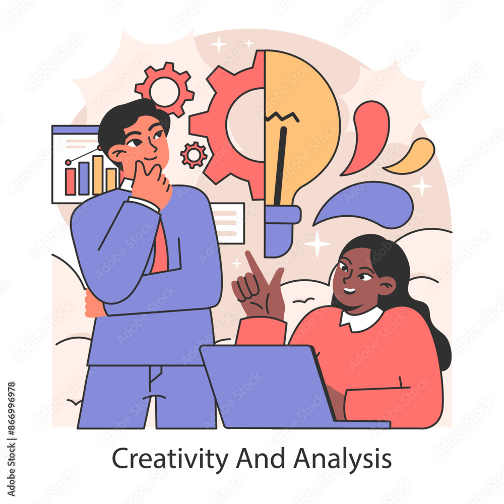 Fototapeta premium Creativity and analysis concept in advertising. Flat vector illustration.