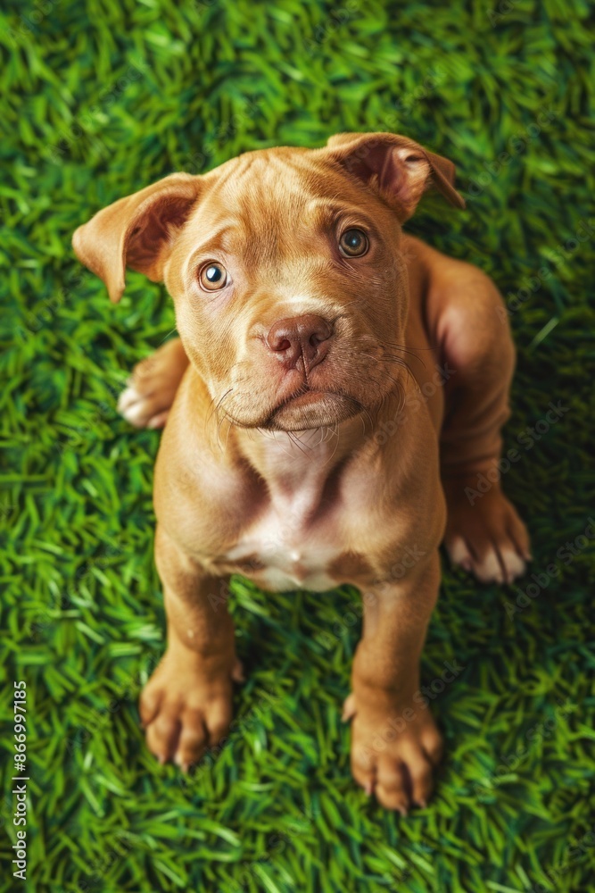 Obraz premium Pitbull puppy sitting on vibrant green grass, looking up curiously.