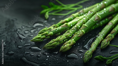 Fresh asparagus spears being washed, with water droplets captured in mid-air, A close-up shot and full shot of a Asparagus with droplets of water