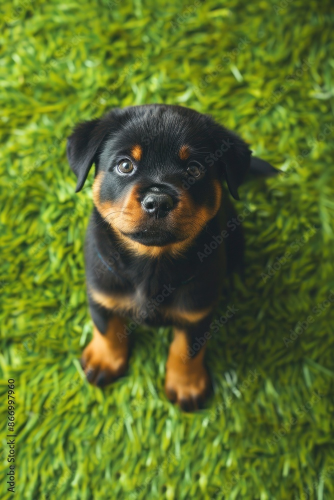 Rottweiler puppy sitting on vibrant green grass, looking up curiously. Rottweiler puppy sitting on vibrant green grass, looking up curiously.