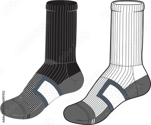 Mid calf length Sock tech pack template flat sketch fashion illustration mock up cad drawing for unisex men's and women's running sock design. 