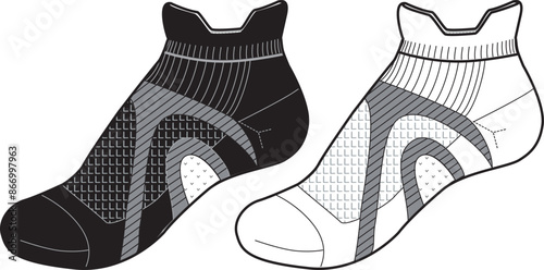 Ankle Sock tech pack template flat sketch fashion illustration mock up cad drawing for unisex men's and women's running sock design. 