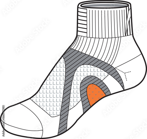 Ankle Sock tech pack template flat sketch fashion illustration mock up cad drawing for unisex men's and women's running sock design. 