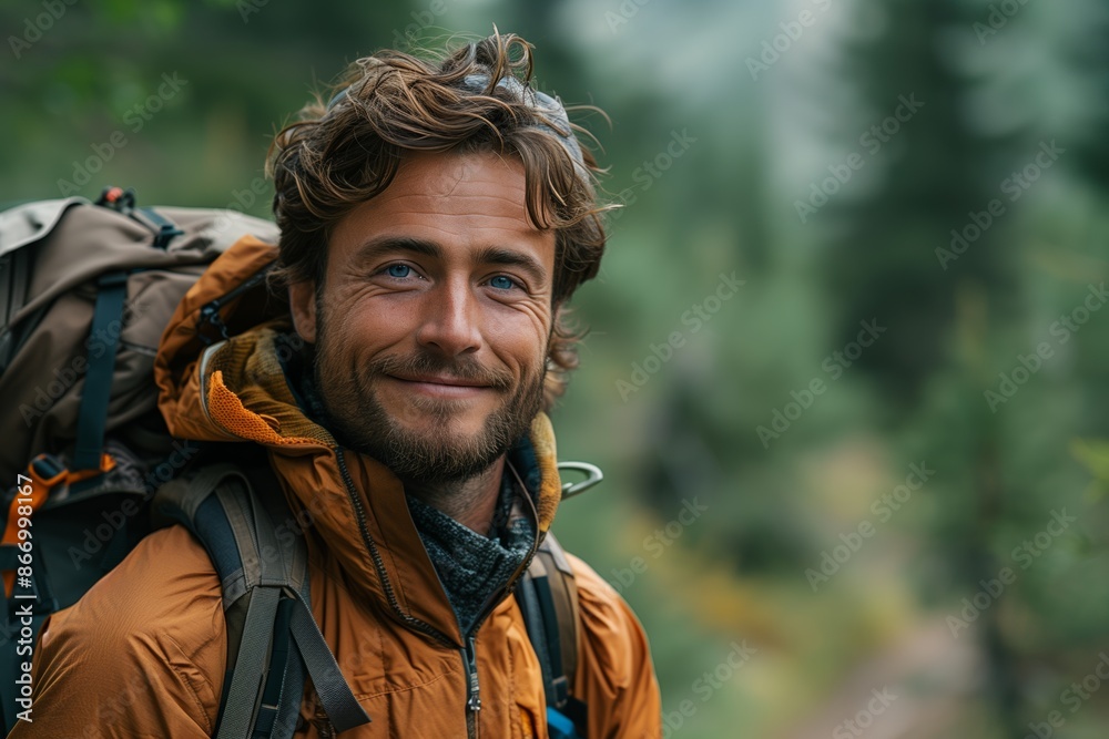 Adventurous Man Smiling on Nature Hike Adventurous Man Smiling on Nature Hike