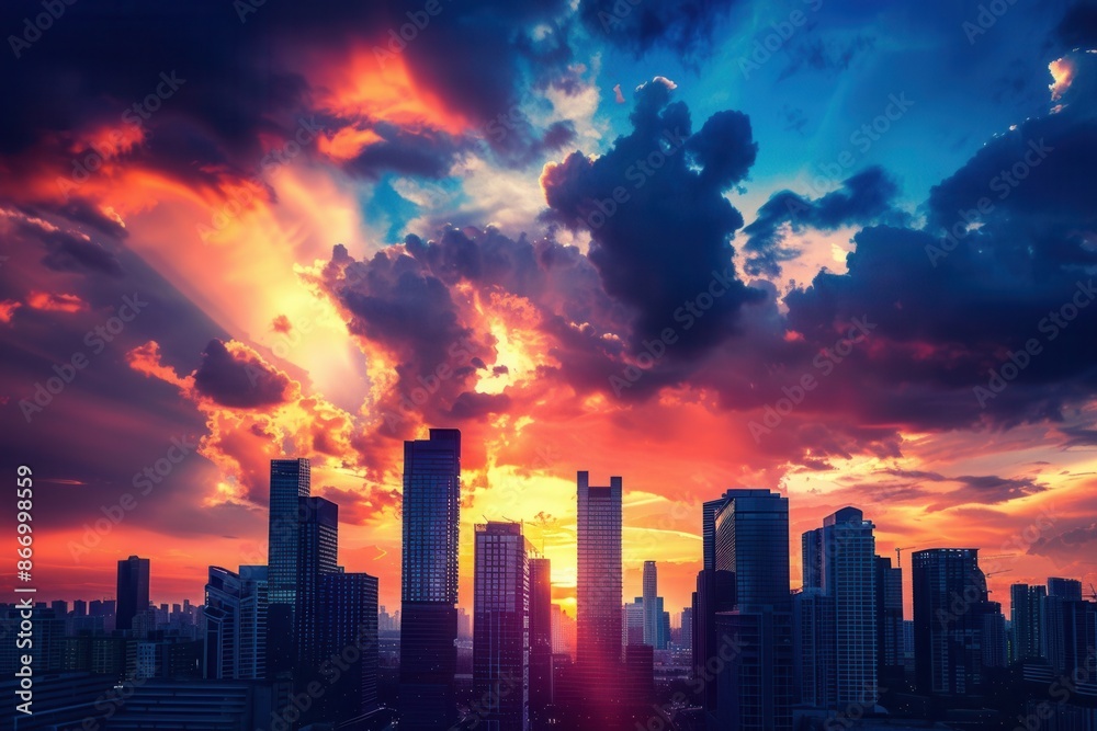 Fototapeta premium A stunning view of a city skyline with skyscrapers silhouetted against a vibrant sunset sky. Generative AI
