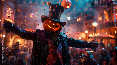 Man with pumpkin head costume wearing a top hat at an elegant Halloween party celebration