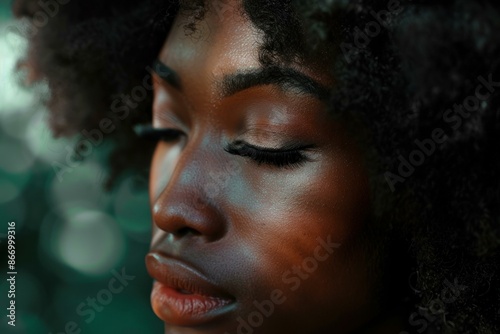 Close up of a serene young woman with closed eyes and afro hair enjoying a peaceful moment outdoors