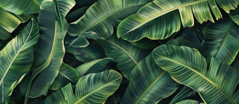 Obraz premium Green background featuring a texture of tropical banana palm leaves.