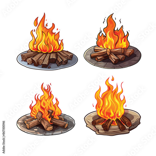 Wood campfire. Outdoor bonfire, fire burning wooden logs  cartoon illustration set