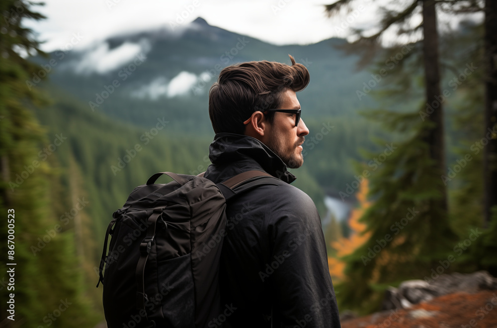 A man with a backpack and glasses enjoying a scenic mountain forest view, surrounded by greenery and misty peaks A man with a backpack and glasses enjoying a scenic mountain forest view, surrounded by greenery and misty peaks