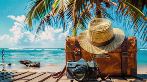a travel setup featuring a straw hat, retro camera, and brown leather suitcase on a wooden table at the beach © otter2