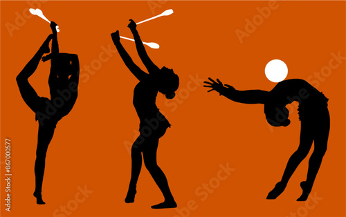 aro, gimnasia, deportes, acrobatas, gimnastas, silueta, vectores, gimnasia ritmica