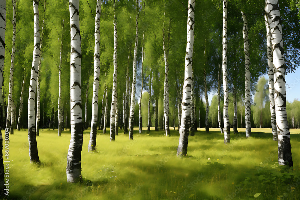 Obraz premium Autumn landscape with river and birch forest. Digital painting.