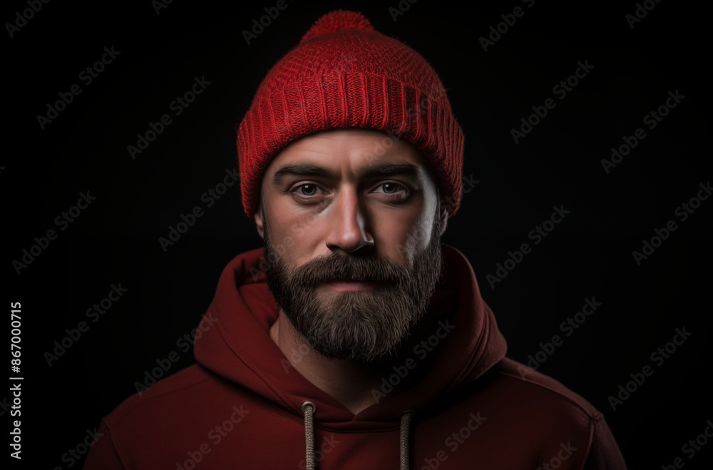serious man with a beard wearing a red beanie and hoodie, set against a dark background, looking directly at the camera serious man with a beard wearing a red beanie and hoodie, set against a dark background, looking directly at the camera