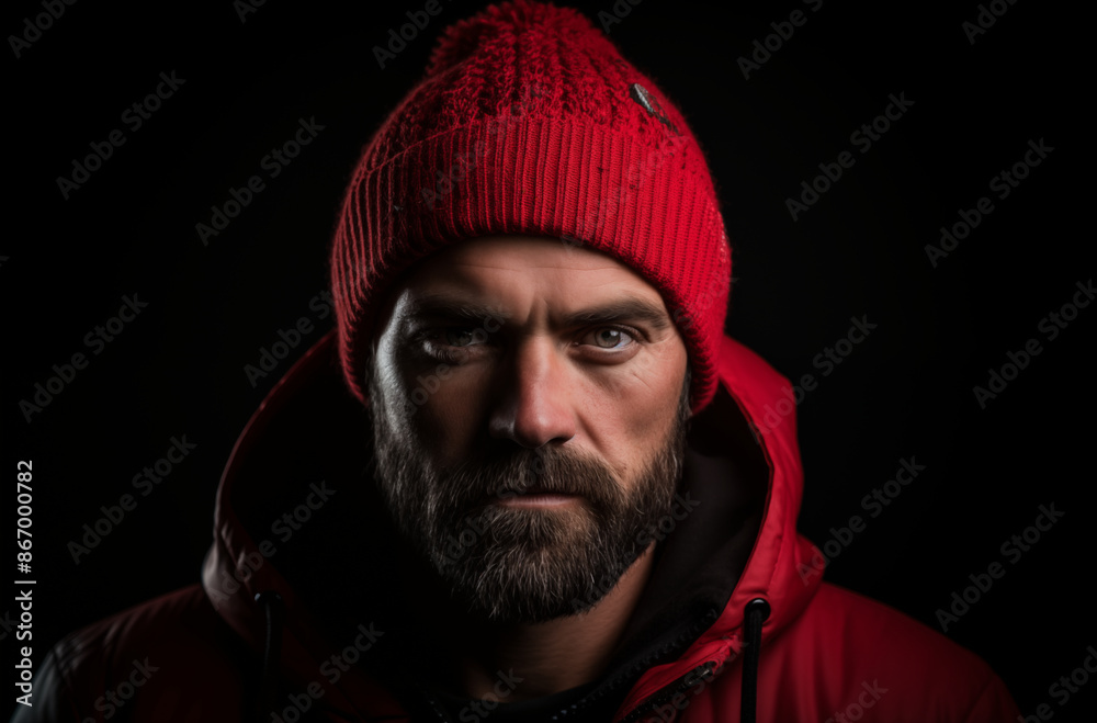 A close-up portrait of a serious bearded man wearing a red knit hat and a red jacket, against a dark background A close-up portrait of a serious bearded man wearing a red knit hat and a red jacket, against a dark background