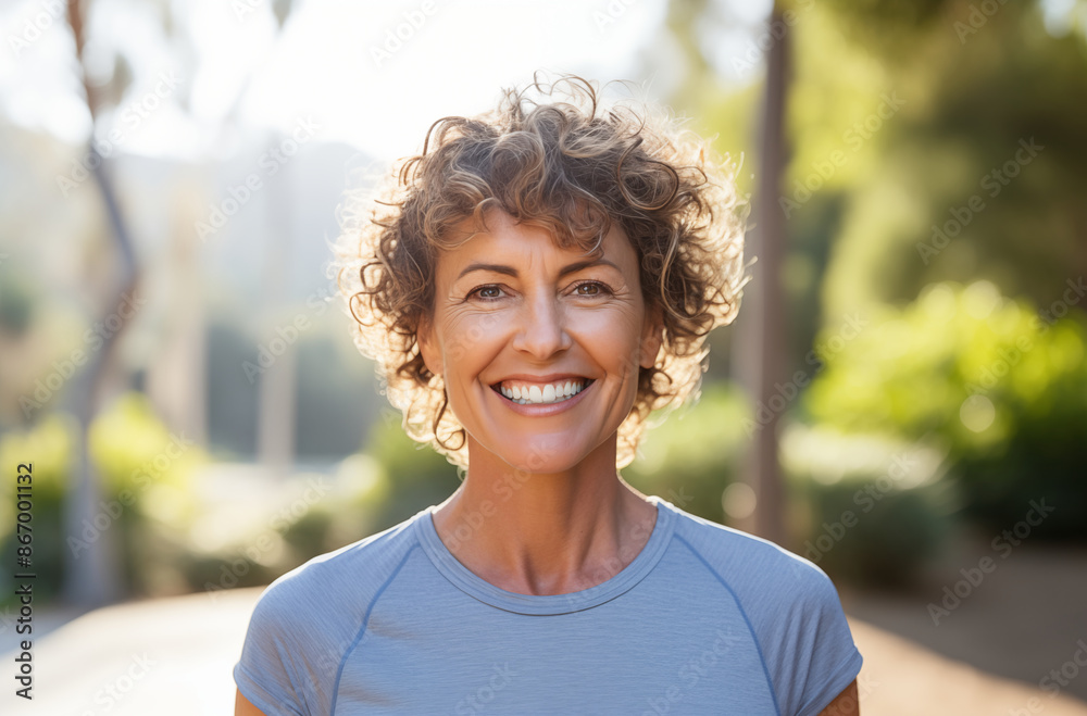 A happy mature woman with curly hair, smiling brightly while standing outdoors in a sunny park A happy mature woman with curly hair, smiling brightly while standing outdoors in a sunny park