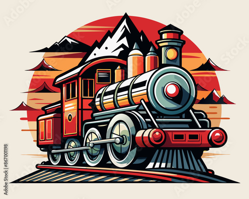 colorful logo design illustration of old steam locomotive train