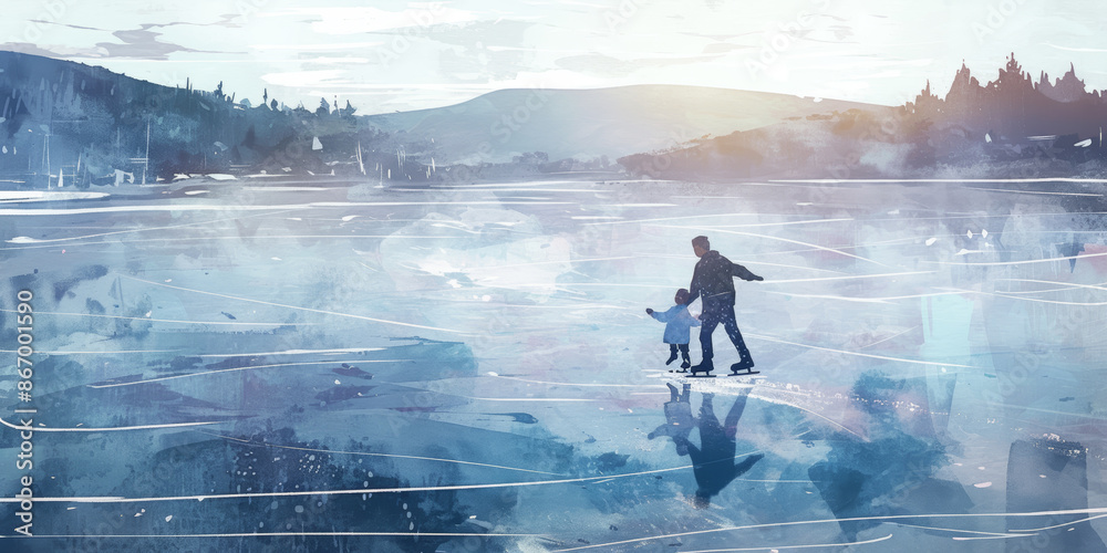 Fototapeta premium Father and Child Ice Skating on Frozen Lake at Sunrise in Winter Wonderland