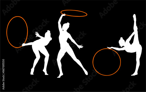 aro, gimnasia, deportes, acrobatas, gimnastas, silueta, vectores