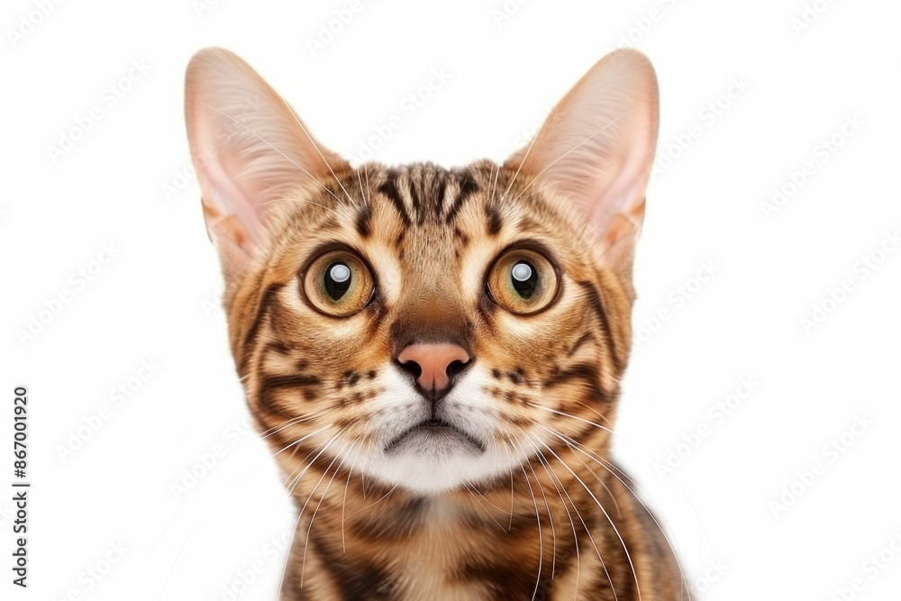 Curious bengal cat looking up at camera on white background for animal lovers and pet owners Curious bengal cat looking up at camera on white background for animal lovers and pet owners