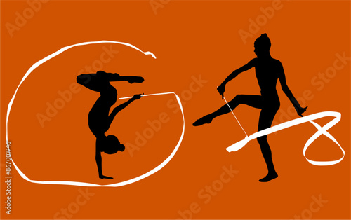 aro, gimnasia, deportes, acrobatas, gimnastas, silueta, vectores