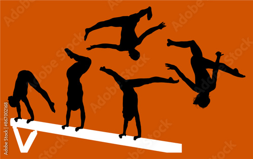 gimnasia, deportes, acrobatas, gimnastas, silueta, vectores