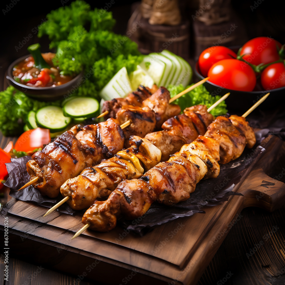 Grilled pork shish kebab on skewer with vegetables Grilled pork shish kebab on skewer with vegetables