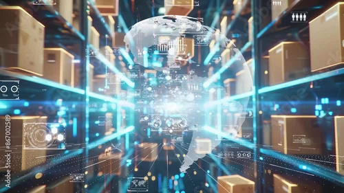 High-tech warehouse with interconnected global logistics network
